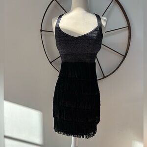 Wow Couture black and silver sparkling fringe flapper cocktail dress M